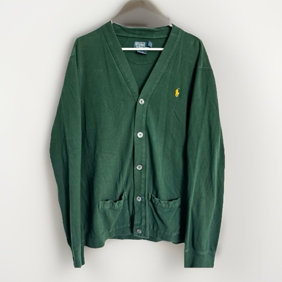 Polo Ralph Lauren Cardigan Sweater Men L Green Cotton Pony Preppy Academia Golf - Picture 1 of 12